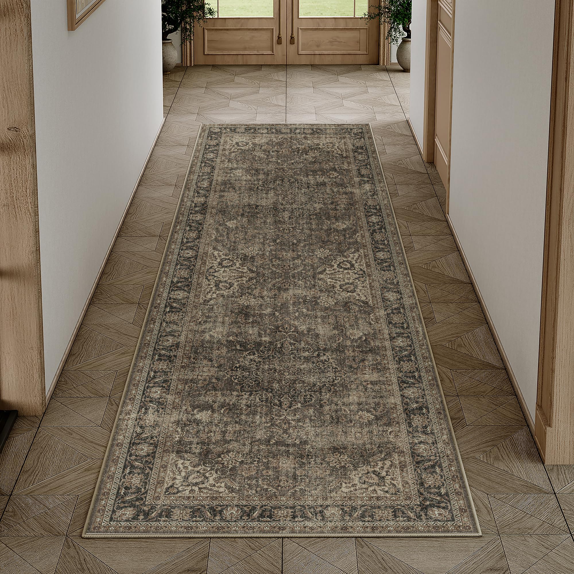 WondRg 2x6 Washable Brown Vintage Runner Rug for