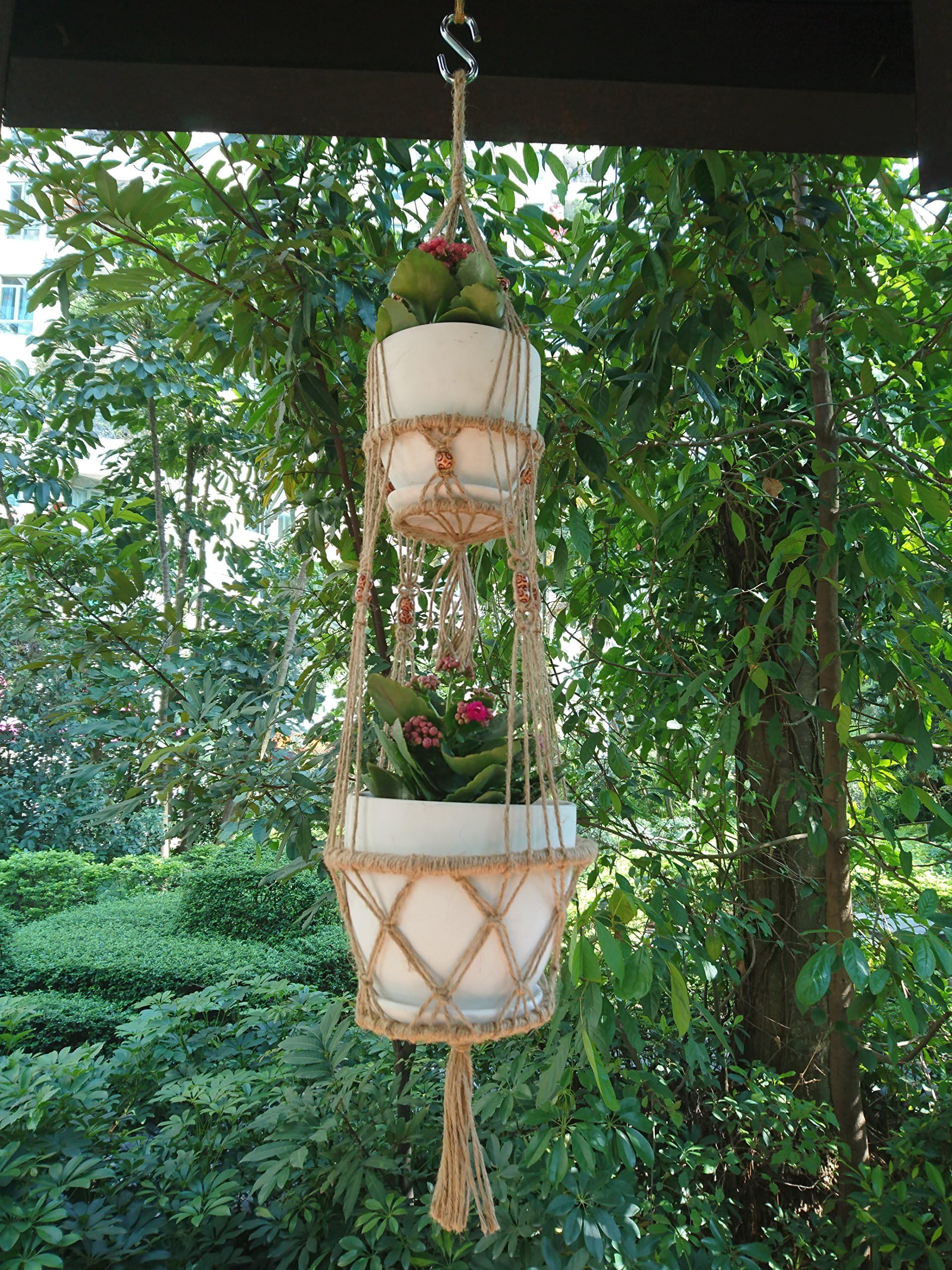 Hanpo 4 Legs Macrame Jute Plant Holders with Bamboo Ring Inside and Light Brown Wood Bead Decoration Double Plates,Nautral Jute Color, 35-inches