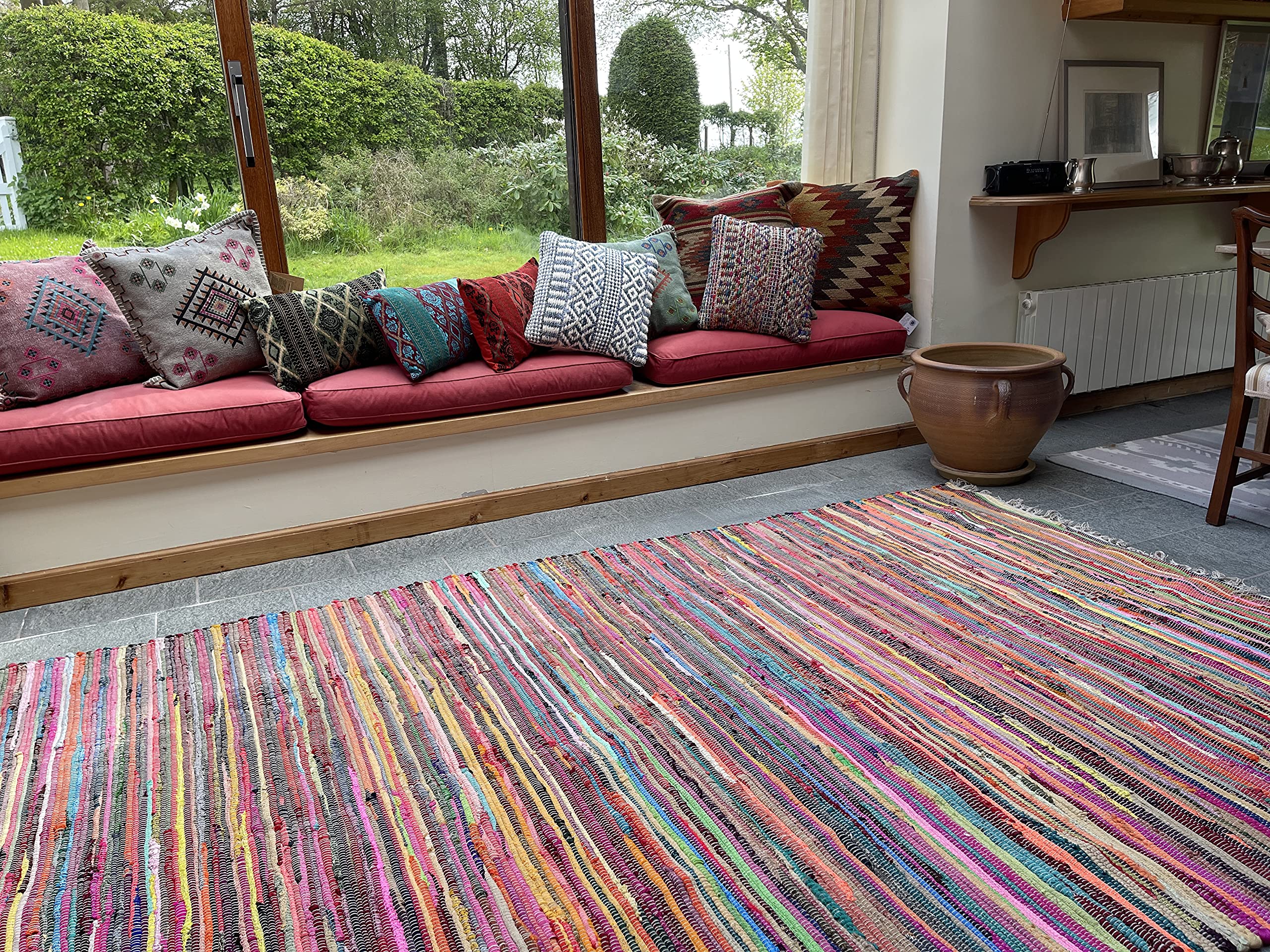 Second Nature Online - SHANTI Multi Coloured Rug | Hand Woven | Eco-Friendly: 100% Recycled Fabric | Ethically Sourced | Flat Weave (240 cm x 240 cm)