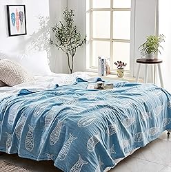 MEJU Fish Blue Muslin Lightweight Summer Blanket