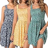 Vomidia 3 Pack Summer Dresses for Women 2026 Square Neck Sleeveless Floral Sundress Beach Vacation Casual Fashion Short Dress