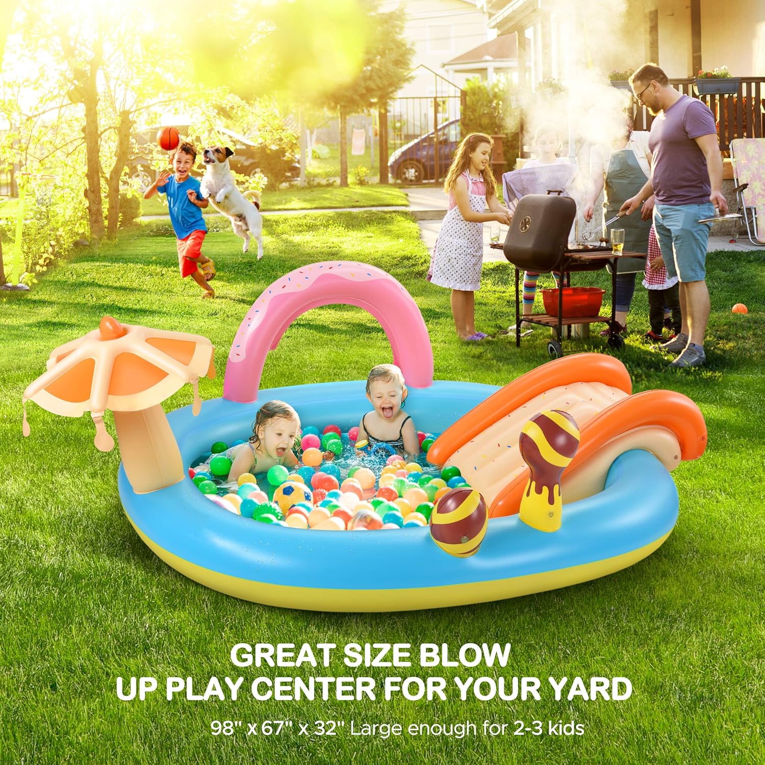 Hesung Inflatable Play Center, 98'' x 67'' x 32'' Kids Pool with Slide for Garden, Backyard Water Park, Colorful: Toys & Games