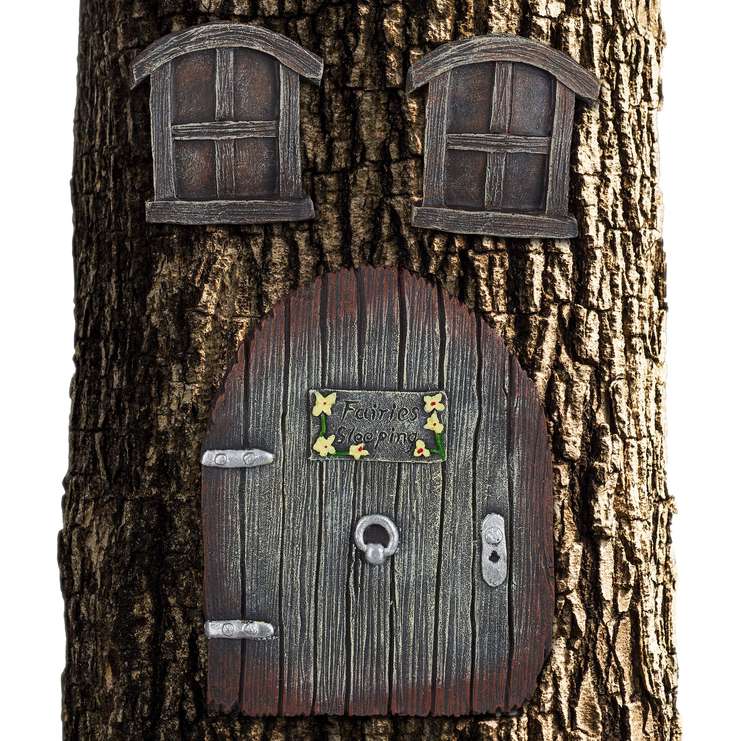 Relaxdays Garden Fairy Door, 3 Piece, Fairy Windows, Tree Trunk Decor, Weatherproof, Hanging Tree Decoration, Pixie Door, Brown