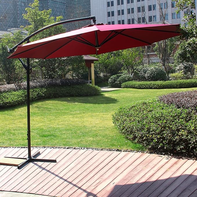 Amazon Com Cloud Mountain 10 Ft Cantilever Patio Umbrella Beach Umbrella Outdoor Uv Resistant Polyester 8 Steel Ribs Beach Hanging Offset Patio W T Umbrella With Cross Stand Burgundy Garden Outdoor