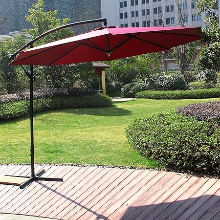 Amazon Com Cloud Mountain 10 Ft Cantilever Patio Umbrella Beach Umbrella Outdoor Uv Resistant Polyester 8 Steel Ribs Beach Hanging Offset Patio W T Umbrella With Cross Stand Burgundy Garden Outdoor
