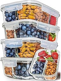 [5-Pack] Glass Meal Prep Containers 3 Compartment - Bento Box Containers Glass Food Storage Containers with Lids - Food Prep Containers Glass Storage Containers with lids Lunch Containers