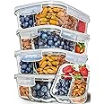 PrepNaturals Glass Meal Prep Containers 3 Compartment 5 Pack - Bento Box Containers Glass Food Storage Containers with Lids -