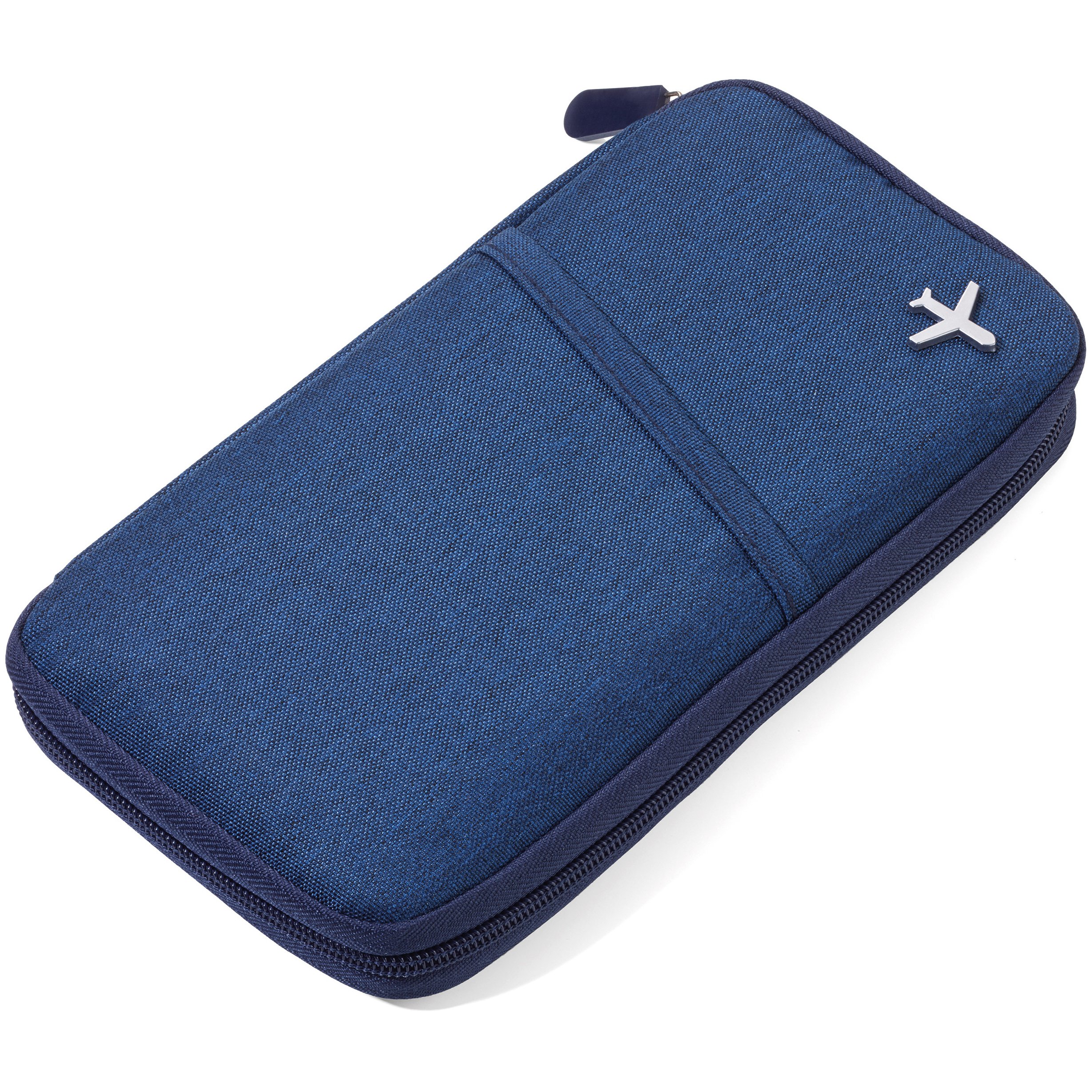 Troika Safe Flight TRV20/DB case for Travel documents, with Anti-scan Film for RFID Chips, Zip, 12 Inner compartments, Pen Loop, Made of Polyester, Dark Blue/Orange