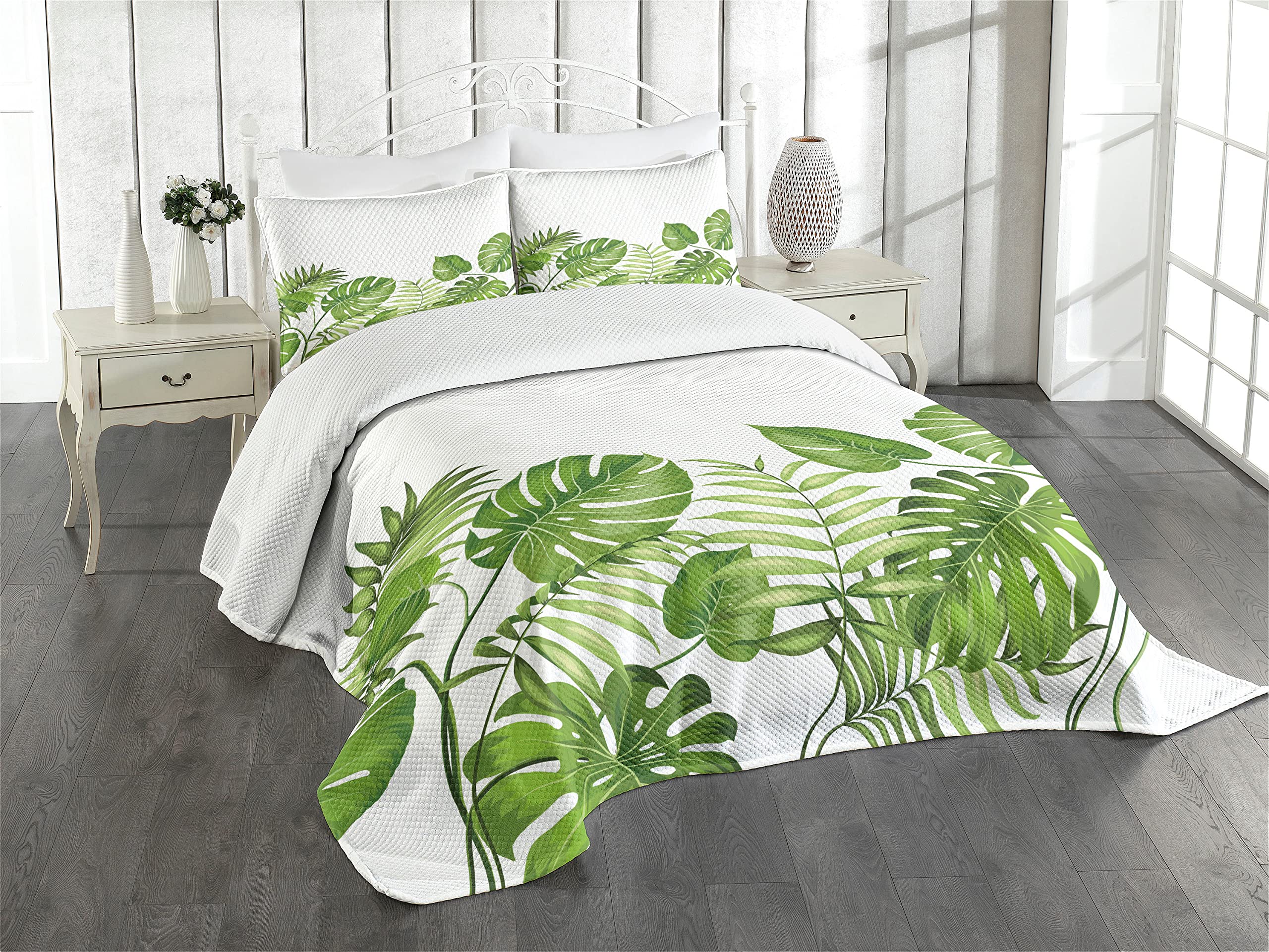 ABAKUHAUS Leaf Bedspread Set, Nature Jungle Forest Rainforest Inspired Leaves Plant Foliage Swirls Botanic Image, Decorative Quilted 2 Piece Coverlet Set with Pillow Sham, Pale Green