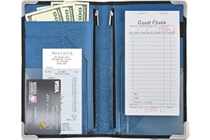 Golgino Server Book for Waitress & Waiter 9 x 5 Inch, Two Zipper Pockets & ID Holder, Premium Receipt Organizer Wallet Fits Aprons, 11 Money Pockets Perfect for Server Banking (Black/Blue)
