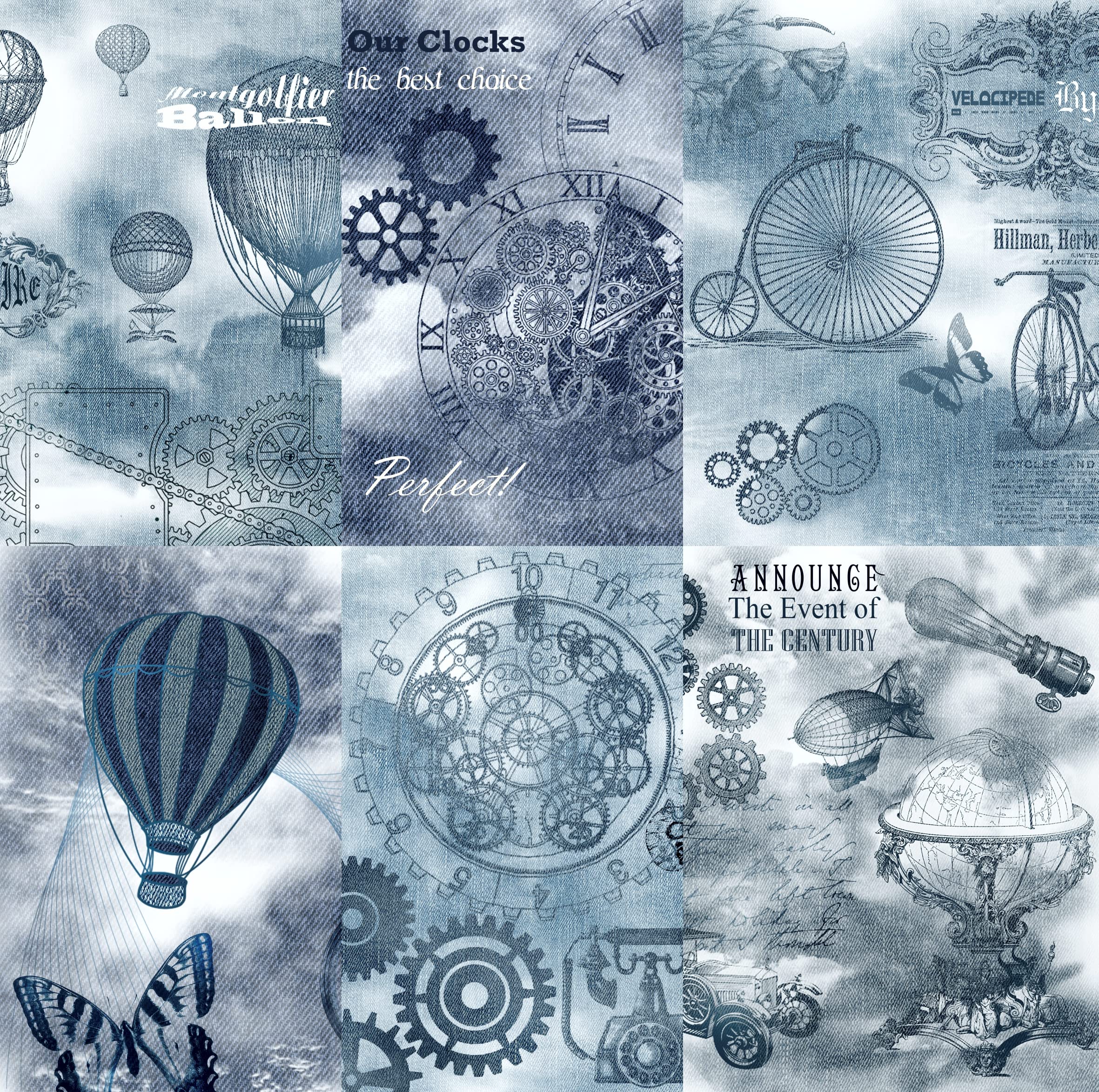 Denim Steampunk Mulberry Rice Paper, 20.5 x 26.5cm - 6 x Different Printed Mulberry Paper Images 30gsm Visible Fibres for Decoupage Crafts Mixed Media Collage Art