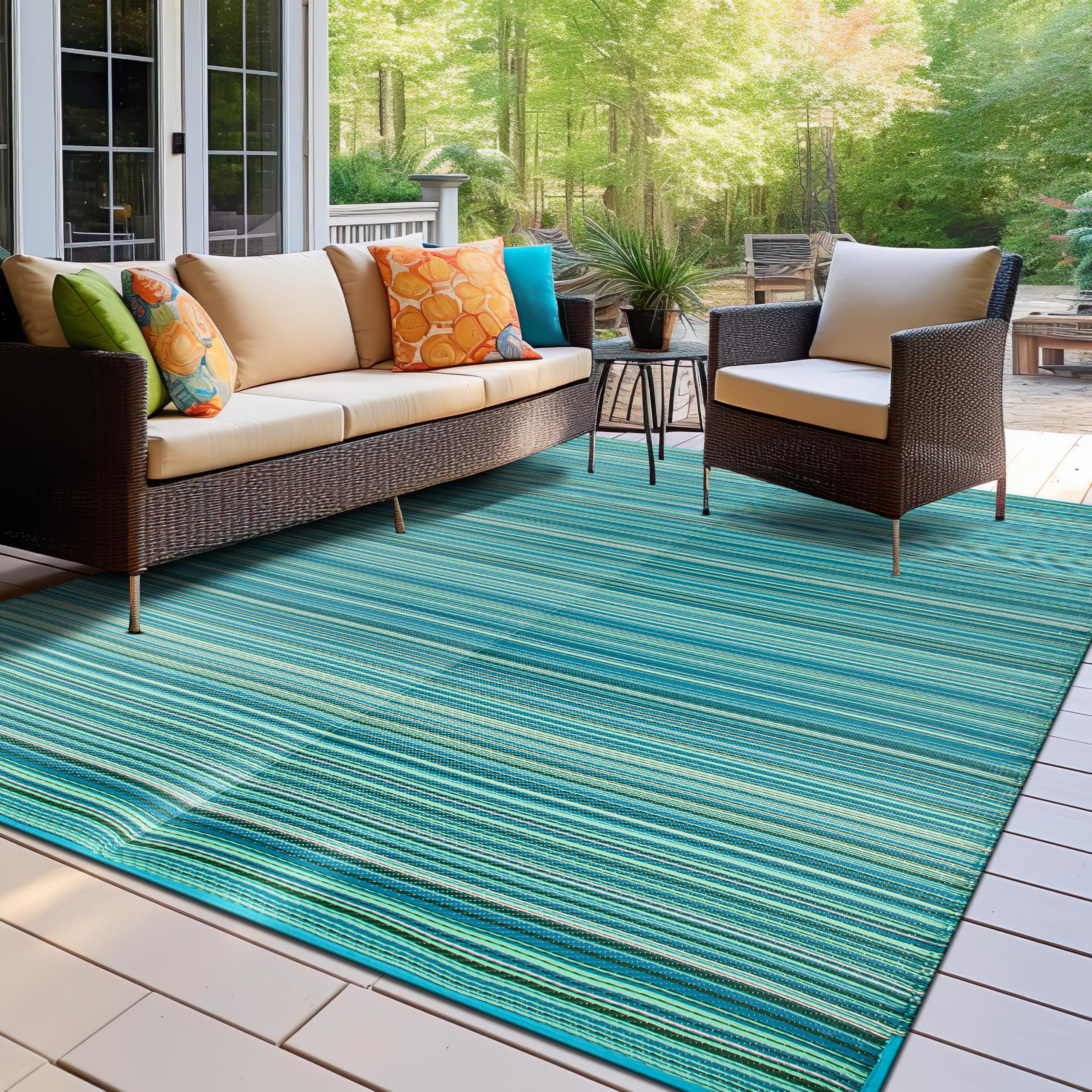 Rugshop Contemporary Stripe Reversible Foldable Waterproof Premium Recycled Plastic Outdoor Rugs for Patio,Backyard,RV,Deck,Picnic,Trailer,Beach,Camping 9′ X 18′ Blue