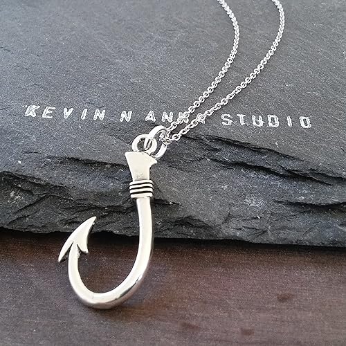 Sterling Silver Fish Hook Pendant Charm Necklace, 20" Handmade