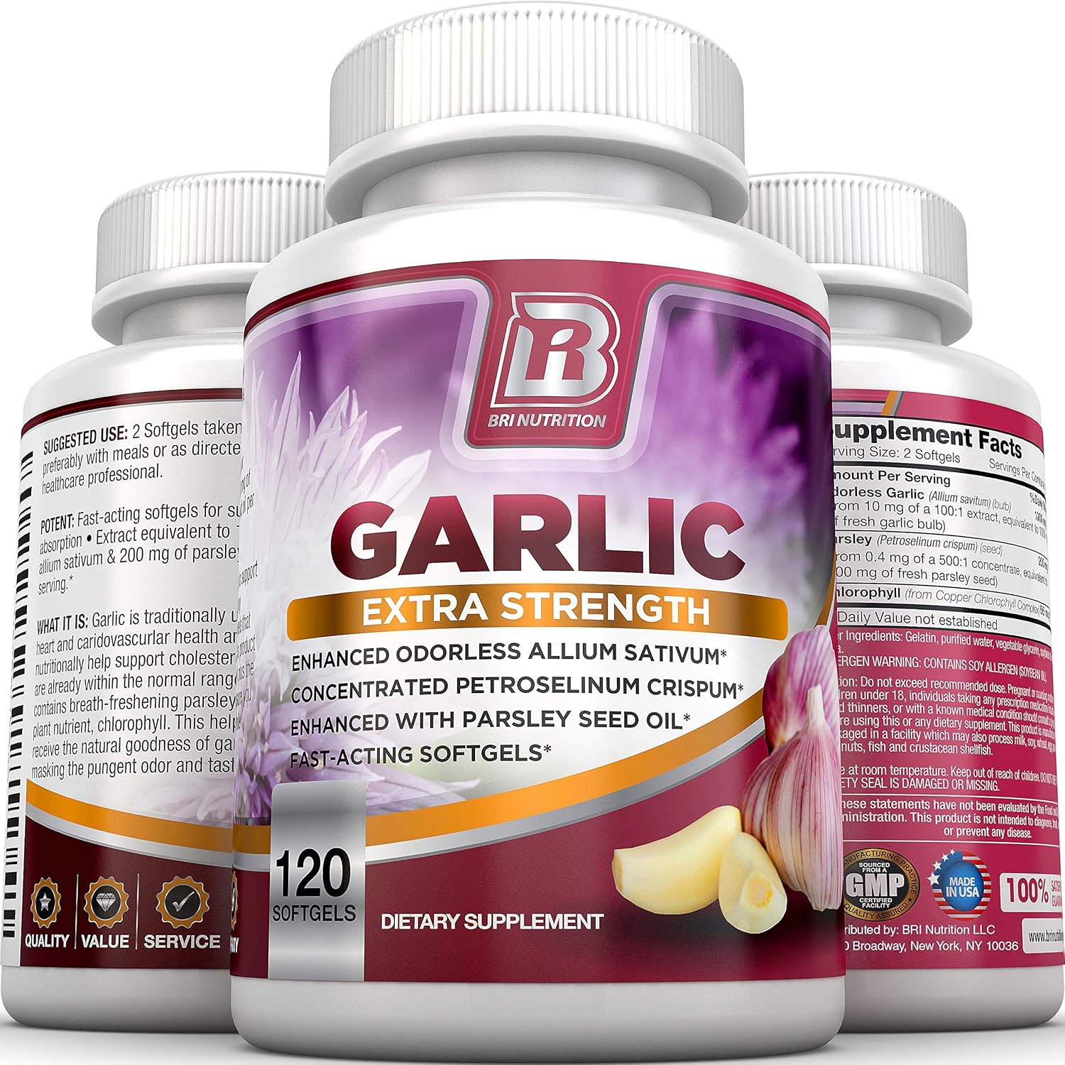 BRI Nutrition Odorless Garlic - 120 Softgels - 1000mg Pure and Potent Garlic Allium Sativum Supplement (Maximum Strength) - 60 Day Supply: Health & Personal Care