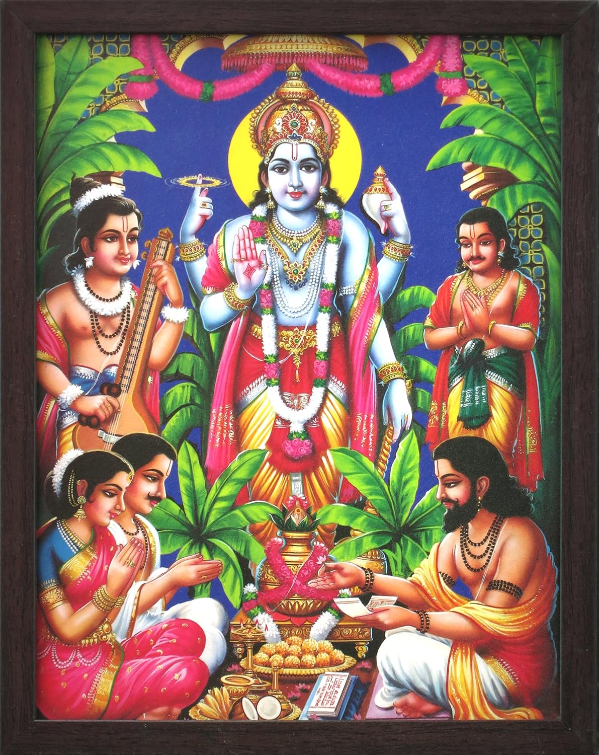 Paintings - HandicraftStore Followers Worshipping Lord Vishnu and Narad, a Poster Painting with Framing, Must for Hindu Religious and Worship Purpose