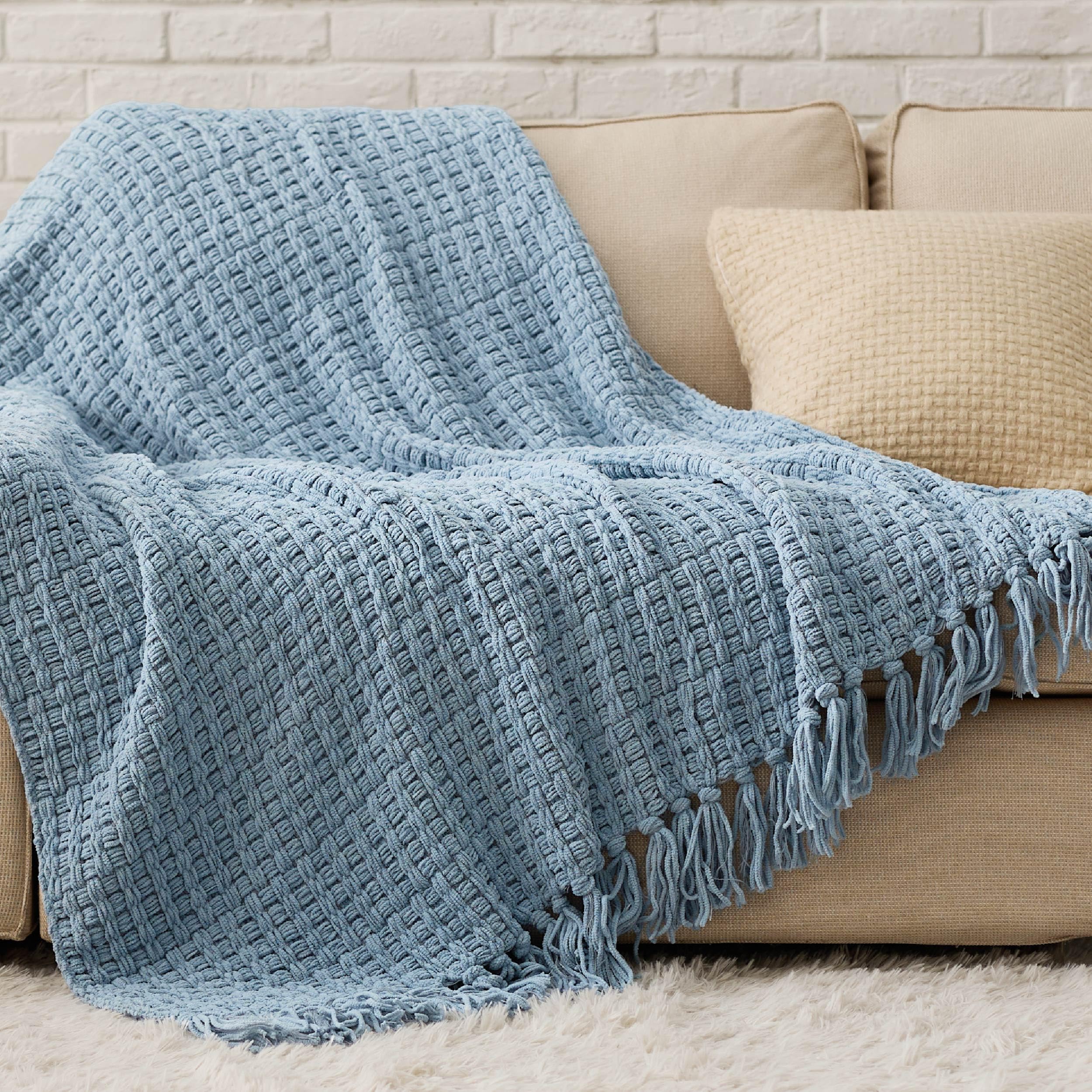Photo 1 of Bedsure Blue Throw Blankets for Couch - Textured Chunky Knit Woven Chenille Blanket - Super Soft, Warm Decorative Boho Throw with Tassels for Bed, Sofa and Living Room Decor, 50x60 Inches