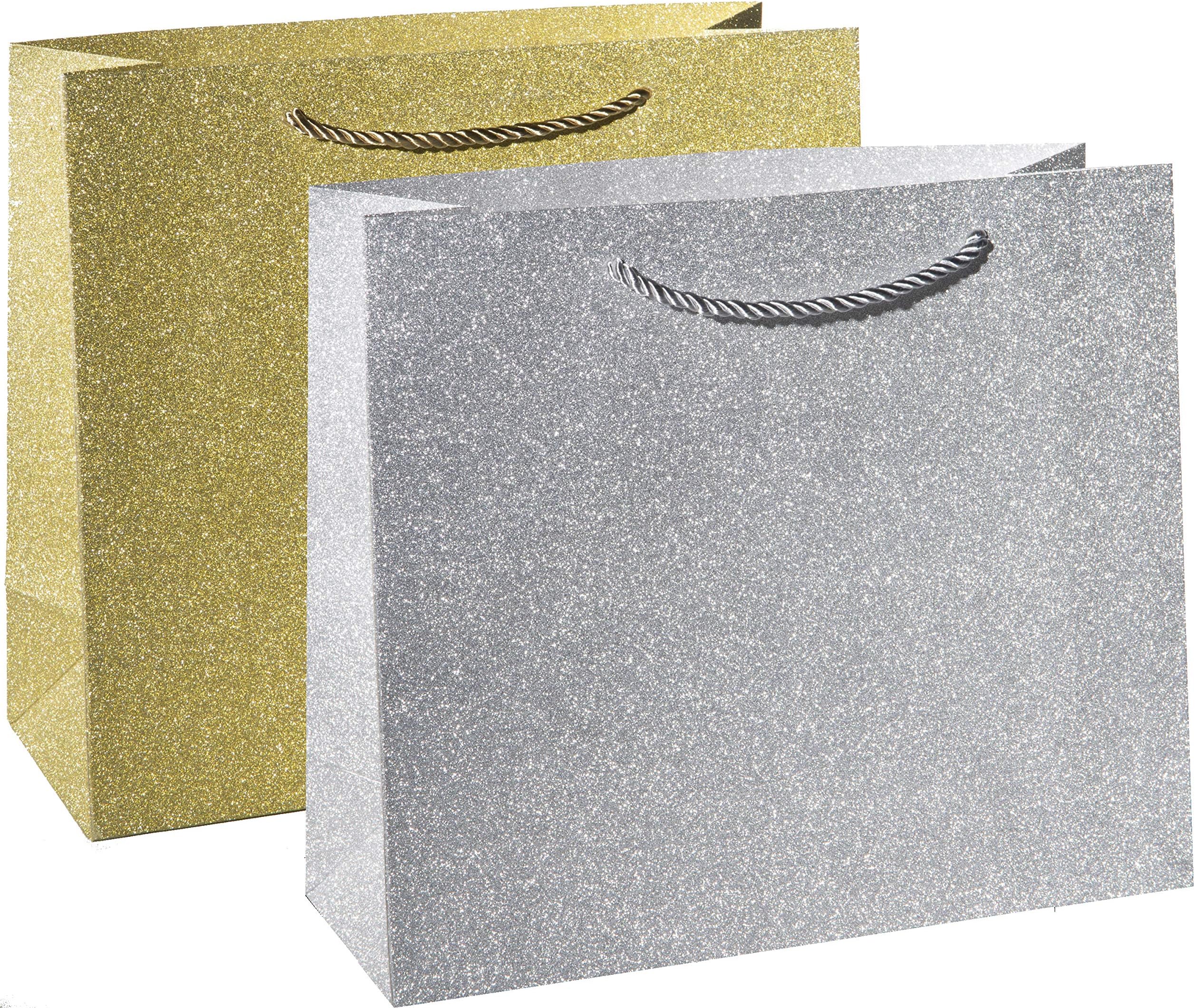Haute Soiree - 4 Pack - Large Sized Luxurious High Quality Gift Bag Set with Rope Handles - Includes 2 Gold and 2 Silver Shimmering Sparkle Designs - Perfect for Wedding Favors, Birthday Parties