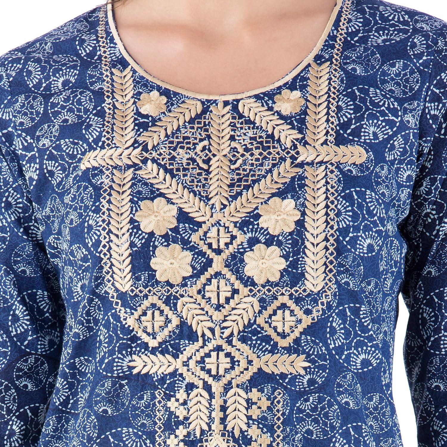 m&d women's cotton 3/4 sleeve embroidered kurti(indigo blue)