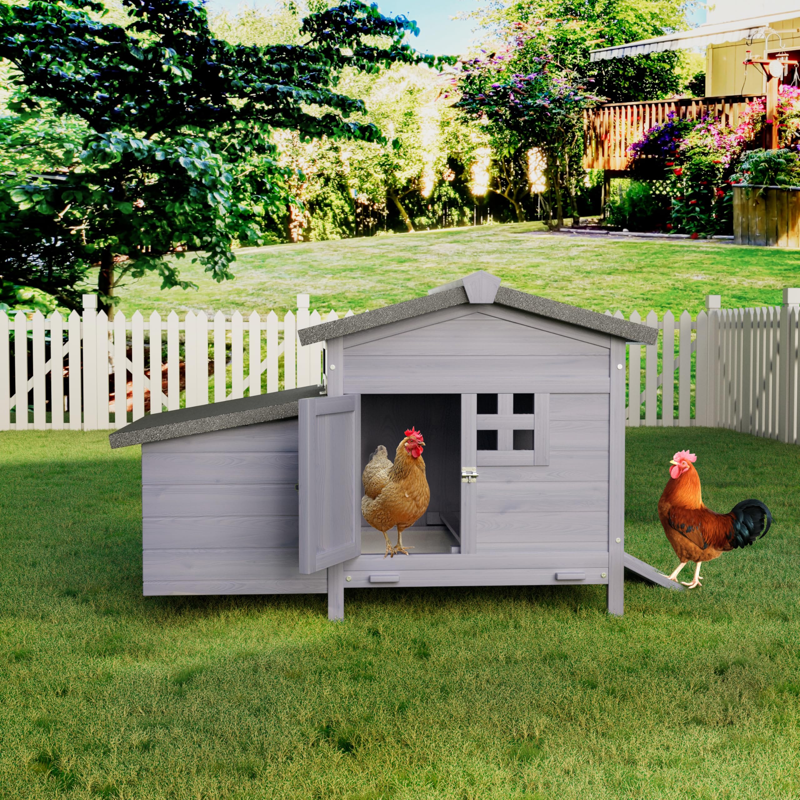 Photo 1 of **SIMILAR ITEMS** USED*-*Wooden Chicken Coop with Asphalt Roof, Leak Proof Pull-Out Tray, Outdoor Poultry Cage with Nesting Box w/Easy Access,Multiple Front & Side Doors, Secure Predator Defense