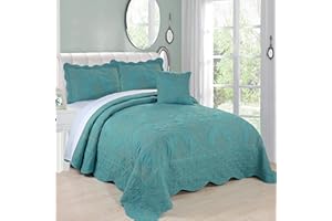 Home Soft Things Damask 4 Piece Bedspread Set,Scalloped Edge Reversible Quilt Coverlet Comforter Prewashed Bedding Set, Matelasse Embossed Floral Solid Pattern,Teal Oversizes King(120" x 120")