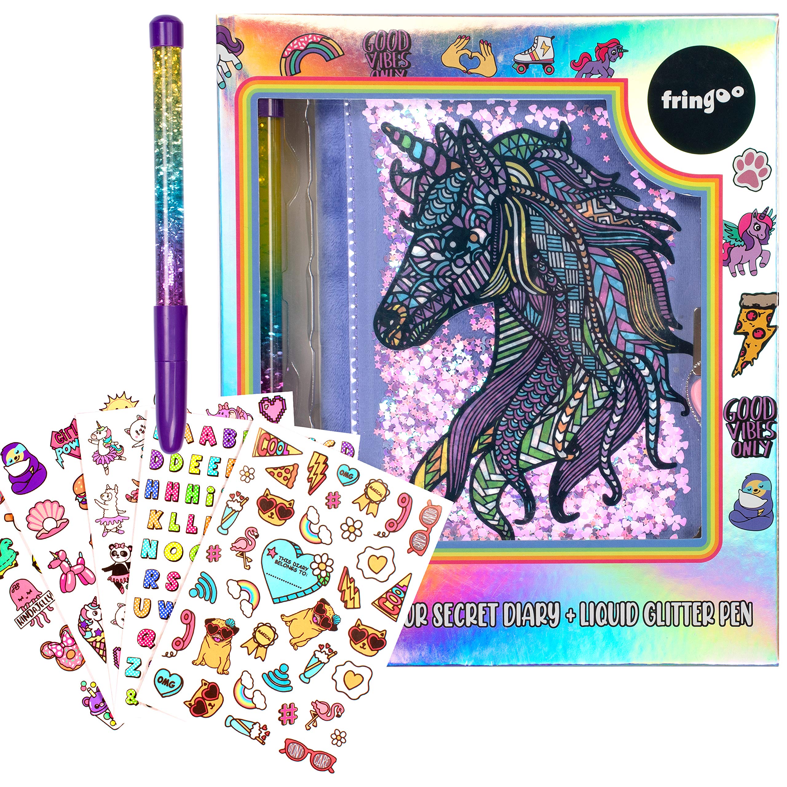 Fringoo Glitter Secret Diary with Padlock for Girls - Notebook Set with Pen and Stickers A5 Journal with Heart Padlock, Gift for Girls - Unicorn Mandala