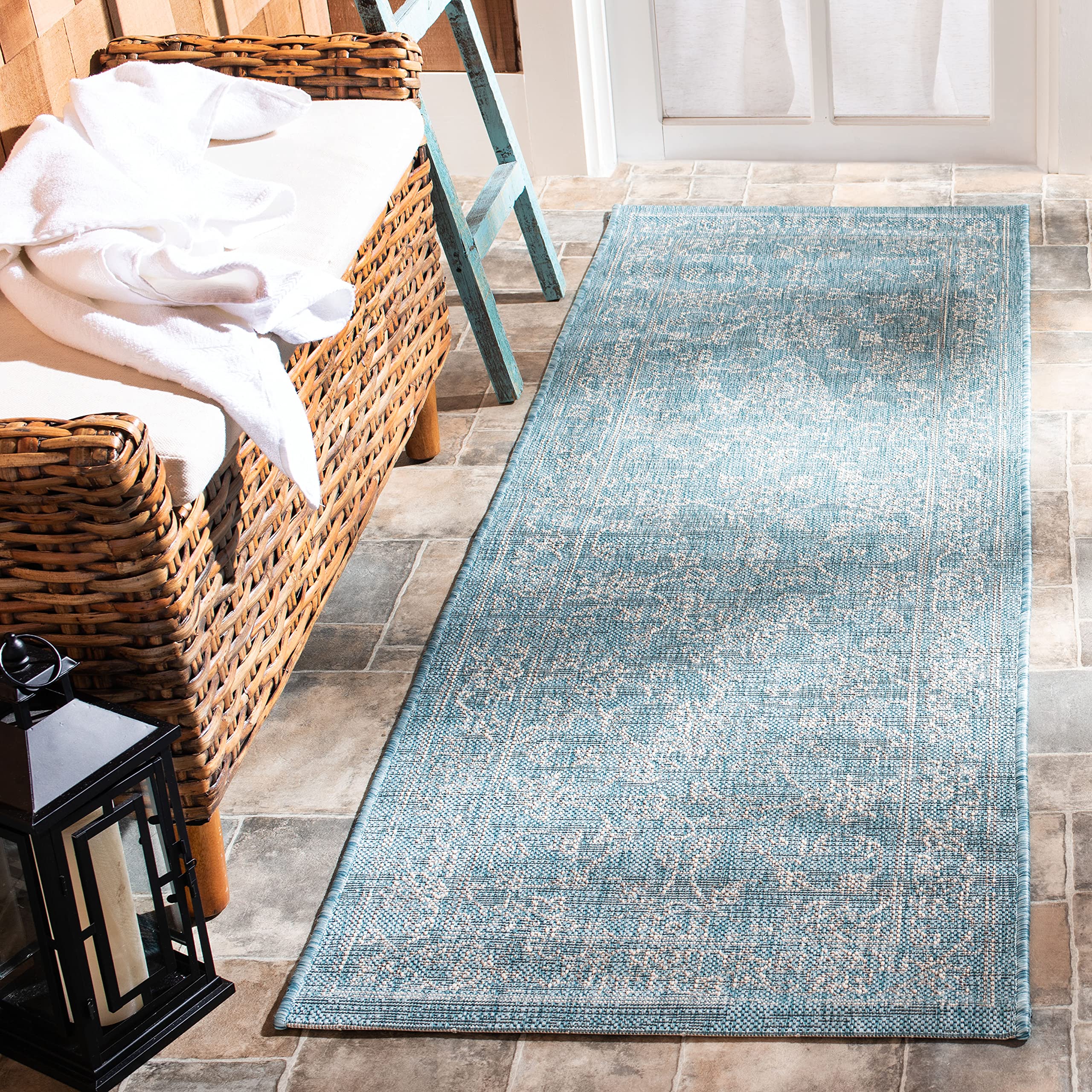 SAFAVIEH Courtyard Collection 2'3" x 18' Aqua/Grey CY8680 Indoor/ Outside Waterproof Easy cleansingPatio Backyard Mudroom Runner Mat Image