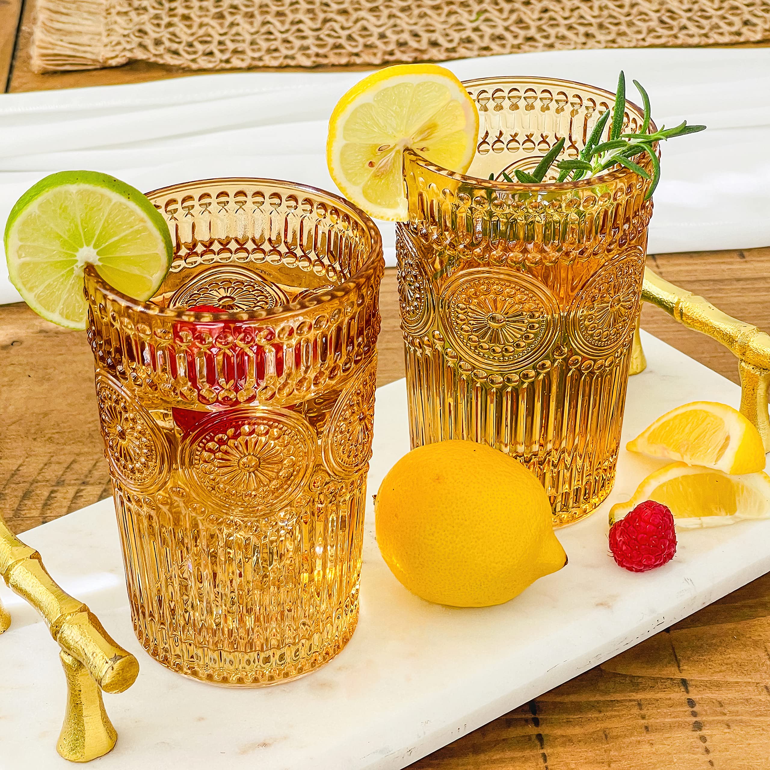 Photo 1 of Kate Aspen Vintage Textured Amber Striped Drinking Glasses Set of 6-13 oz Ribbed Glassware with Flower Design | Cocktail Set, Juice Glass, Iced Coffee Cup
