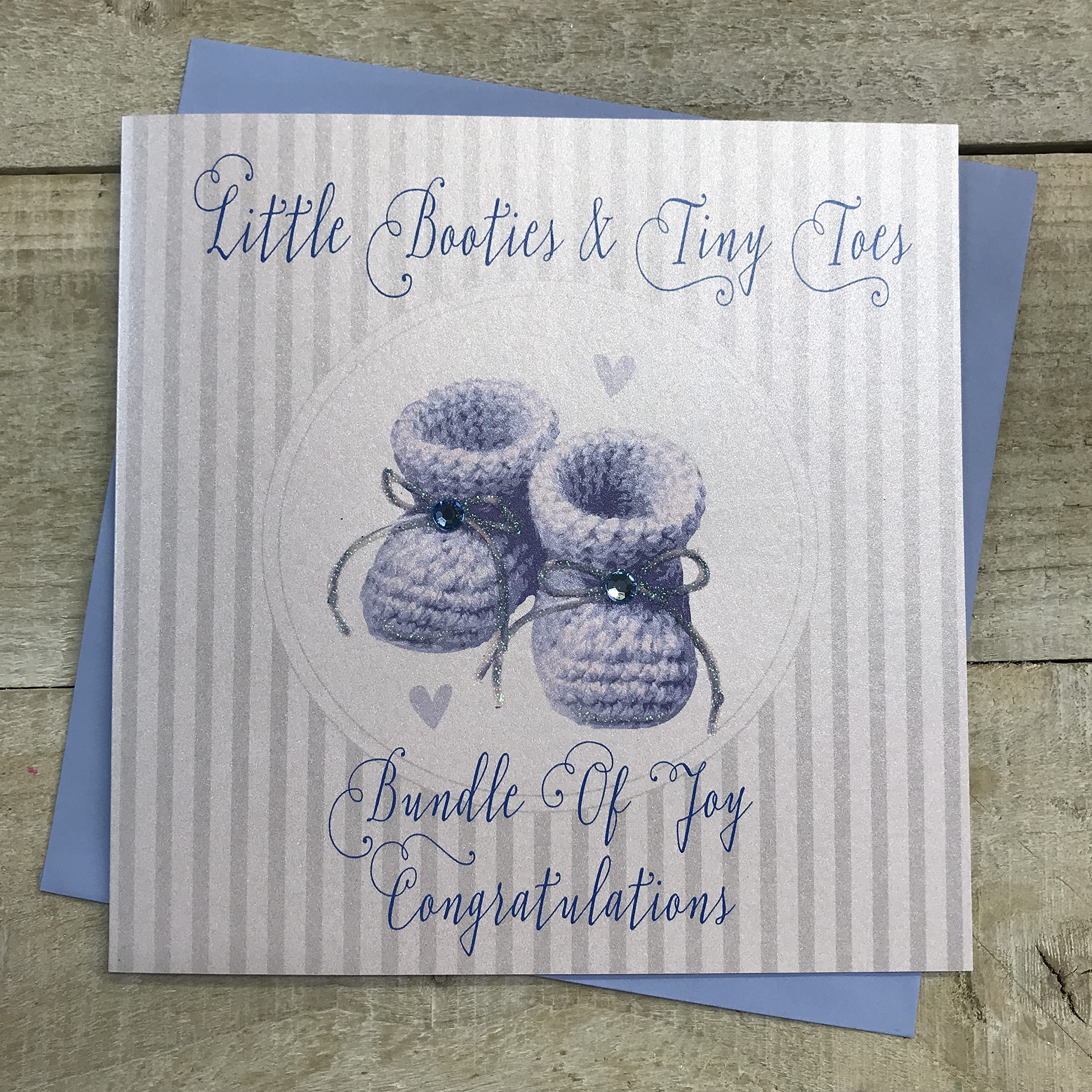 WHITE COTTON CARDS N207 Little Booties & Tiny Toes Bundle of Joy Congratulations, Handmade New Baby Boy Card (Blue Booties)