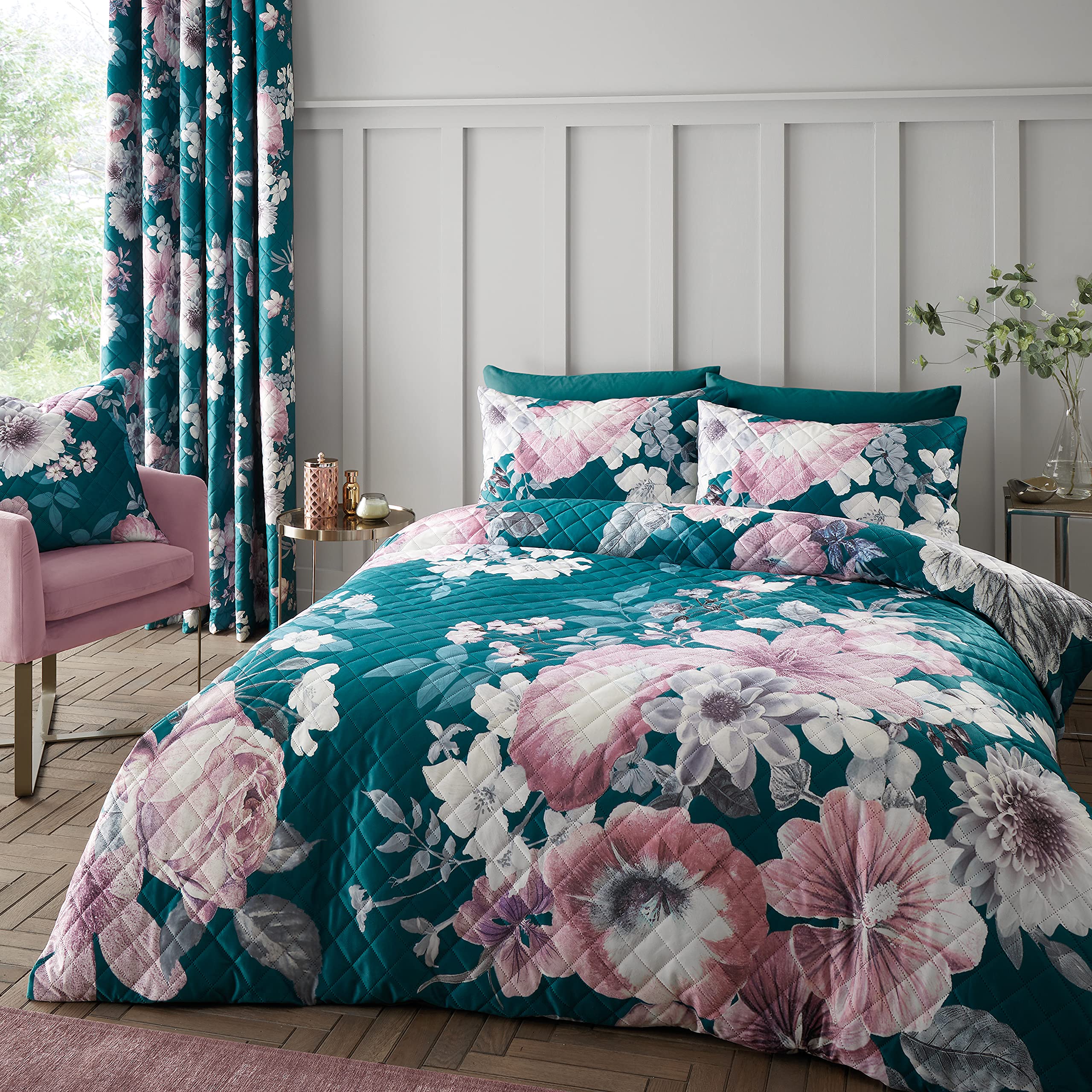 Catherine Lansfield Shrewsbury Digital Print Velvet Pinsonic Super King Duvet Set Teal