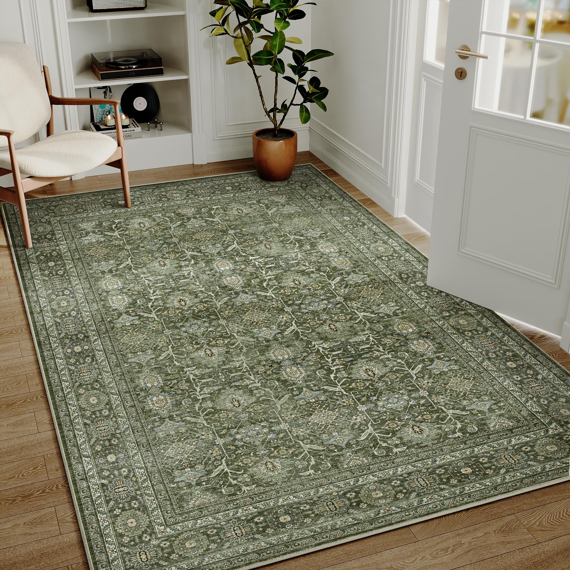 Photo 1 of PureCozy Vintage Area Rug 4x6 Green Entryway Office Washable Carpet Non Slip Bedroom Indoor Living Room Door Mat Low Pile Traditional Distressed Retro Accent Rug for Dining Room Bathroom Kitchen