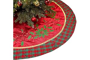 Valery Madelyn Christmas Tree Skirt for Tree Decorations, 48 Inch Traditional Red Green Gold Large Xmas Tree Skirt with Holly Leaves Pattern and Tartan Trim for Merry Christmas Party Christmas Decor
