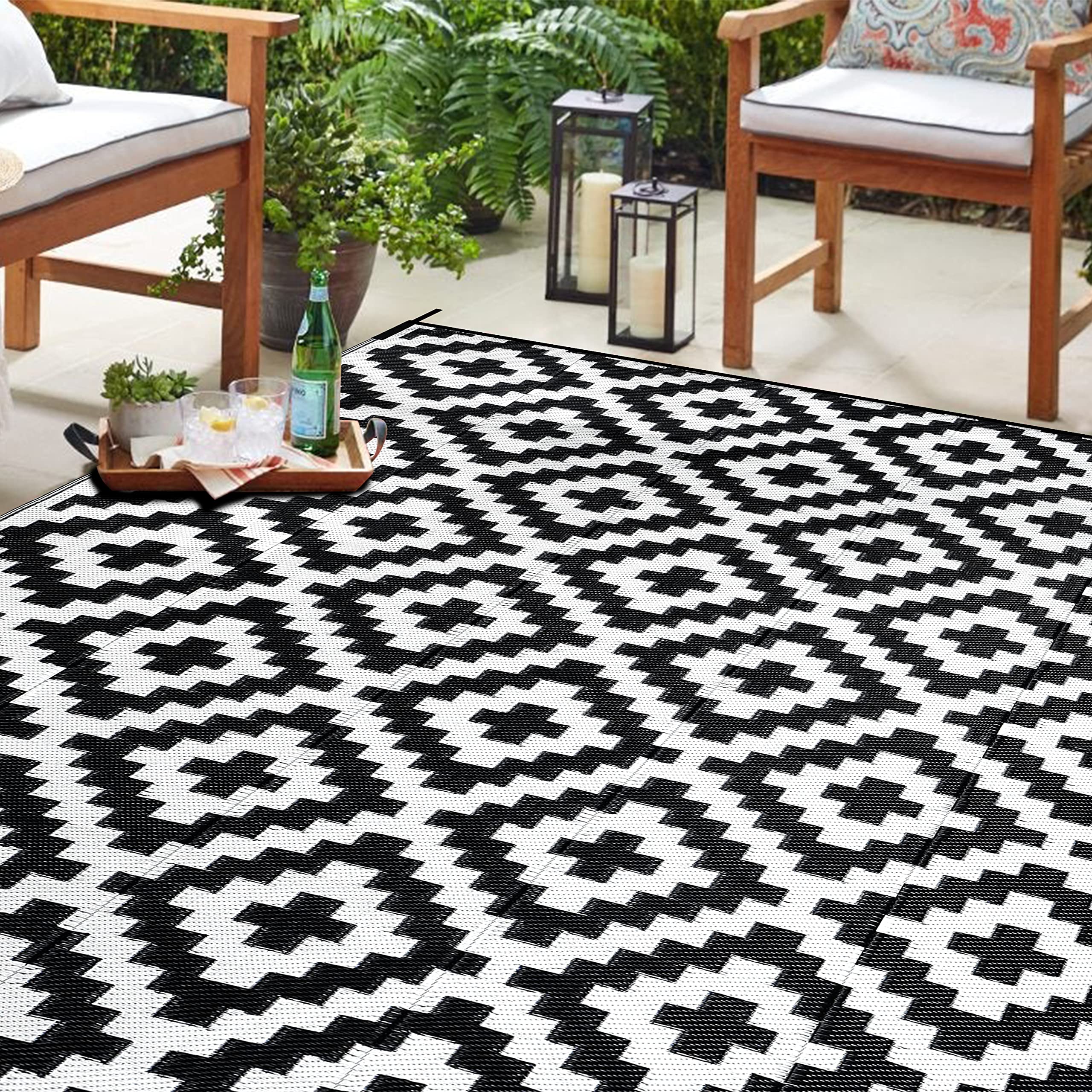 Photo 1 of SAND MINE Waterproof Outdoor Rug 6x9 ft, Reversible Mats, Modern Area Rug, Large Floor Mat and Rug for Outdoors, RV, Patio, Backyard, Deck, Picnic, Beach, Trailer, Camping, Black & White Lattice