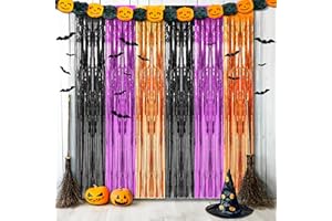 algpty 3 Pack Halloween Foil Curtains Backdrop with 16 Pcs Halloween Bats, 3.3 x 6.6FT Orange Purple Black Metallic Tinsel Foil Fringe Curtains Halloween Party Photo Booth Props Halloween Decor Indoor