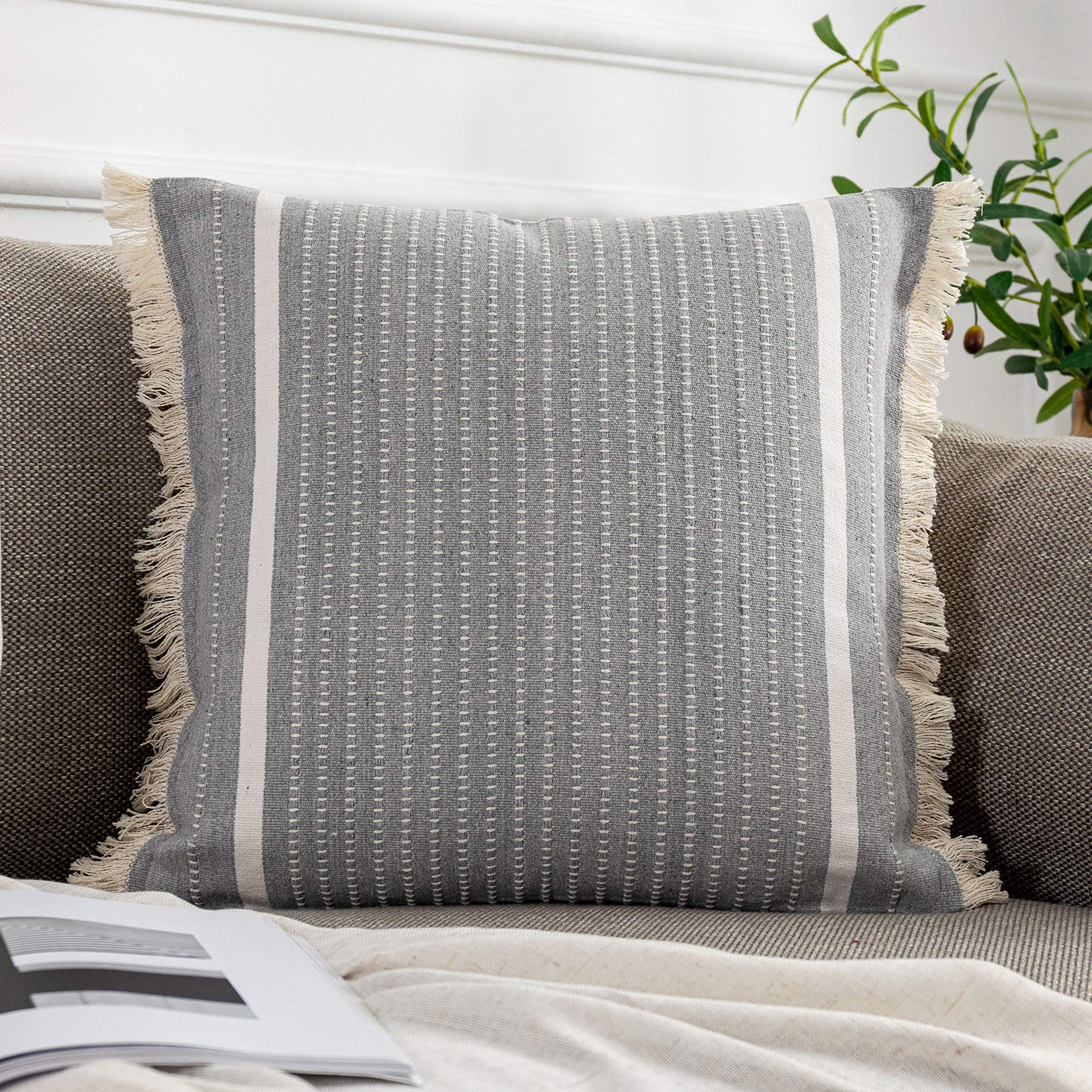 Photo 1 of OJIA Modern Throw Pillow Cover with Tassels, Decorative Liana Fringe Accent Cushion Case, Farmhouse Woven Pillowcase for Sofa Chair Couch Bed Decor (Lumbar 18 x 18 Inches, Grey)