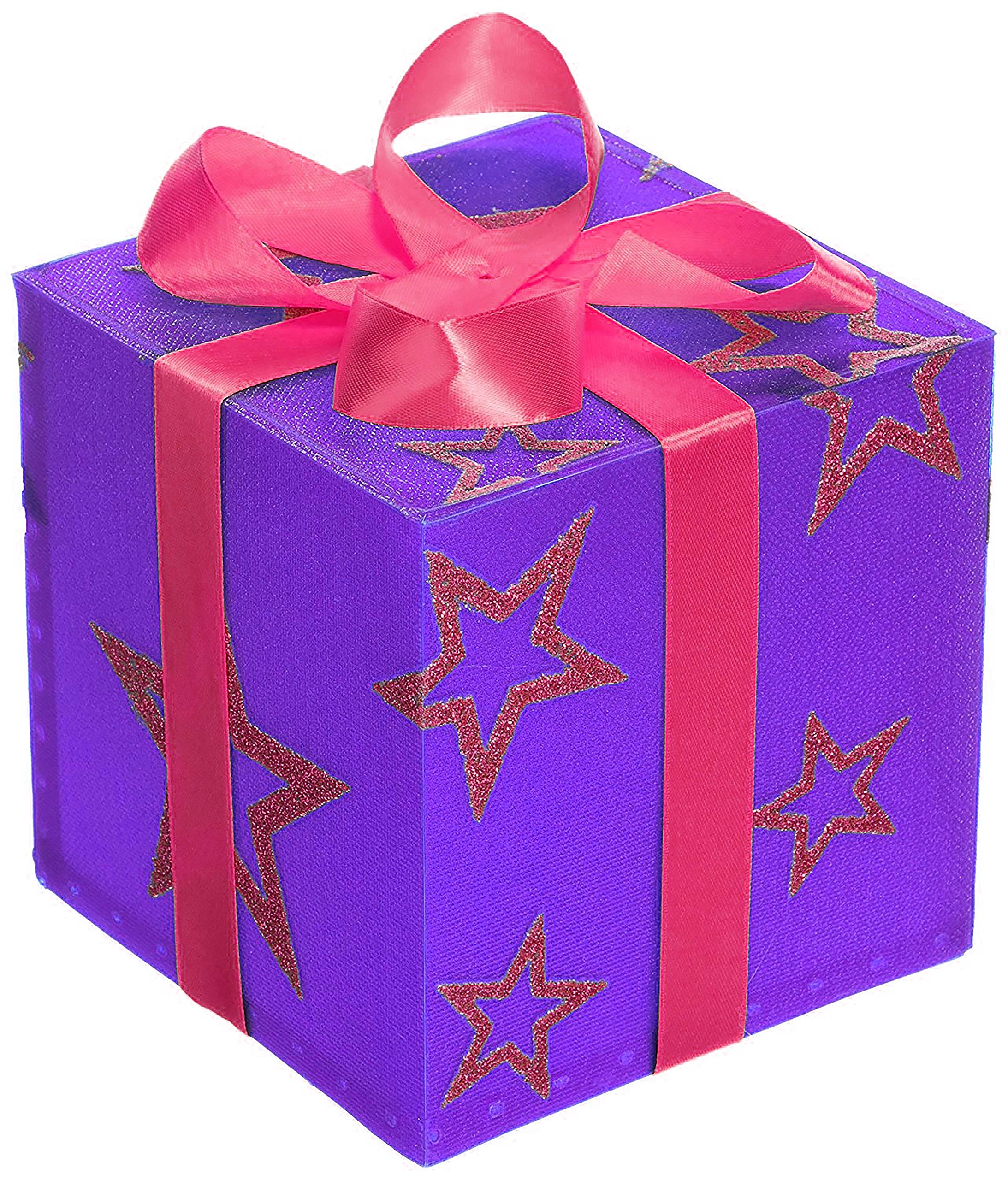 WeRChristmas Pre-Lit 12 cm Gift Box with Swirl and Pink Ribbon Colour Changing LED Christmas Tree Decoration, Pack of 1, Purple