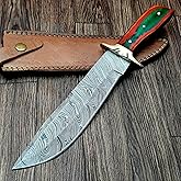 TZ KNIVES Hk.2001 Handmade Damascus Hunting Knife with Leather Sheath - Ideal for Chopping, Camping Outdoor - Full Tang Fixed Blade Bushcraft Knife with Micarta Handle.