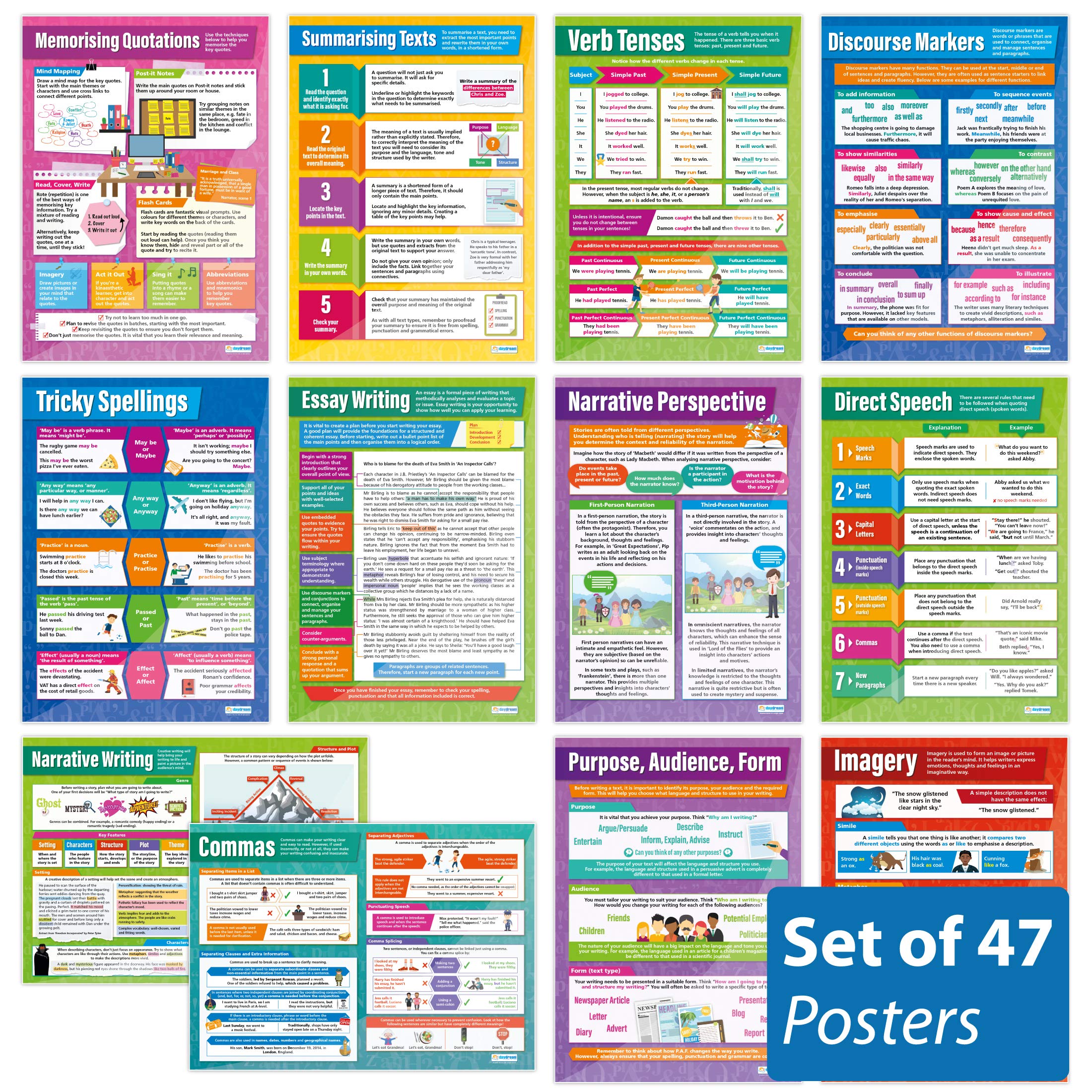Daydream Education English Classroom Posters - Set of 47 - Laminated - LARGE FORMAT - 850mm x 594mm (A1) - English Language Classroom Decoration