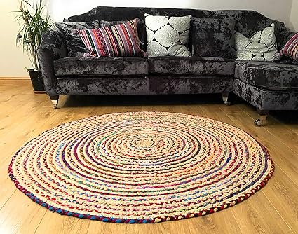 Second Nature Fair Trade 120 cm groß rund geflochten Flickenteppich Baumwolle Jute bunten Chindi Matte