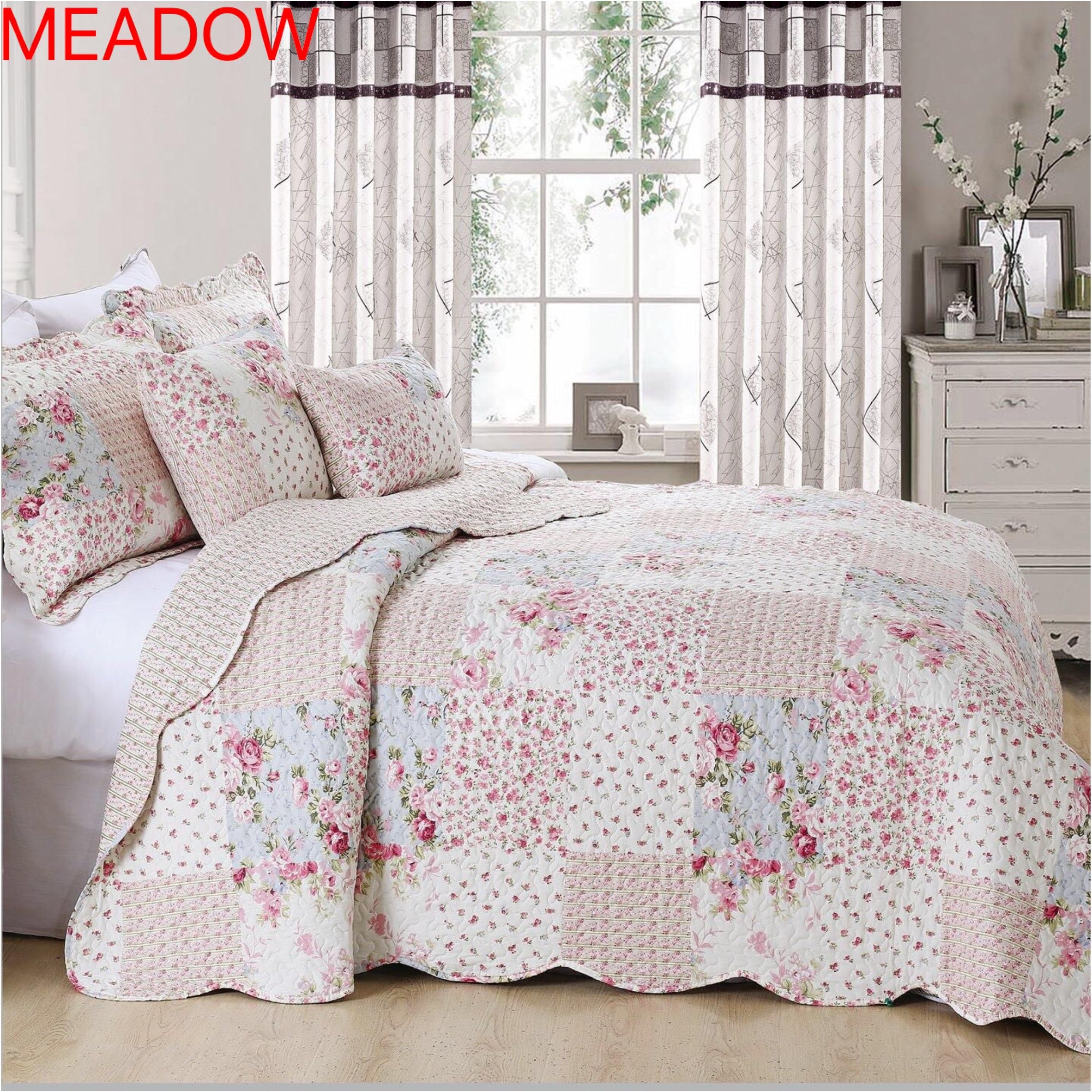 Luxury Patchwork Quilted Bedspread with Free 2 Pillow Shams. 100% Cotton Touch (KING, MEADOW)
