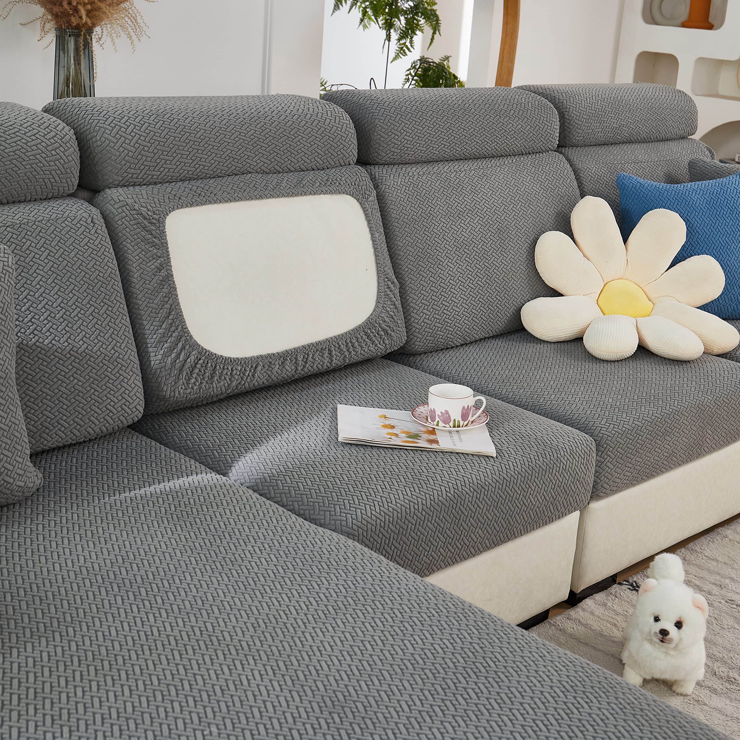 Topchances Sofa Seat Cushion Covers - Universal Elastic Sofa Cover, Non-Slip Couch Slipcovers for L Shaped Chaise Longue Furniture Protection (Weaves,Grey)
