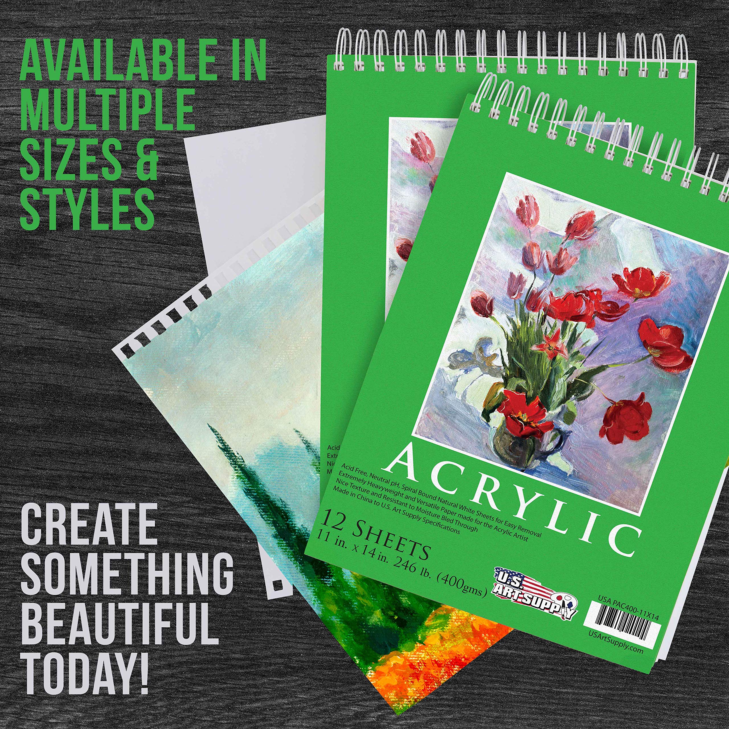 U.S. Art Supply 9x12 Premium Heavy-Weight Acrylic Painting Paper Pad, 246lb (400gsm), 2 Pack, 12 Sheets, Spiral Bound, for Acrylic Paint