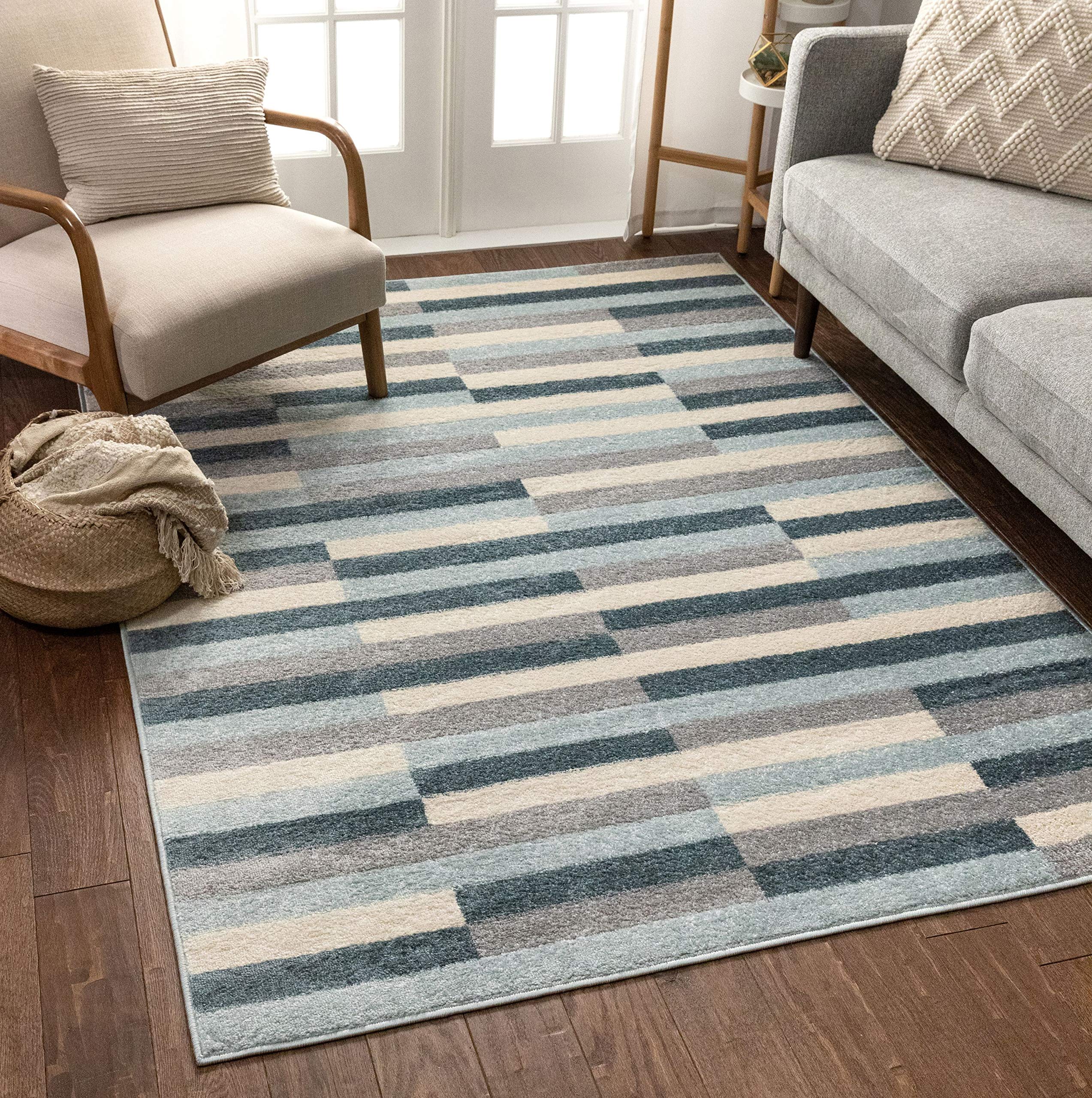 Well Woven Bryson Stripes Geometric Blocks Blue & Grey Area Rug 3x5 (3'11" x 5'3")