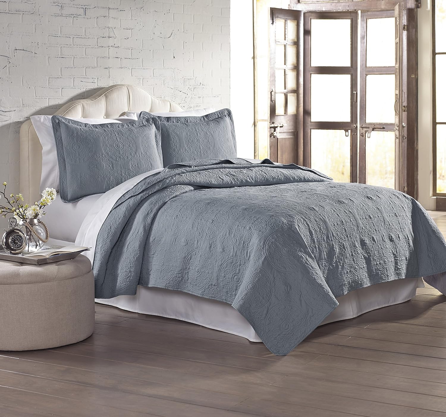 Amrapur Overseas 3-Piece Solid Embroidered Quilted Coverlet Set, Full/Queen, Slate