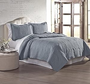 Amrapur Overseas 3-Piece Solid Embroidered Quilted Coverlet Set, Full/Queen, Slate