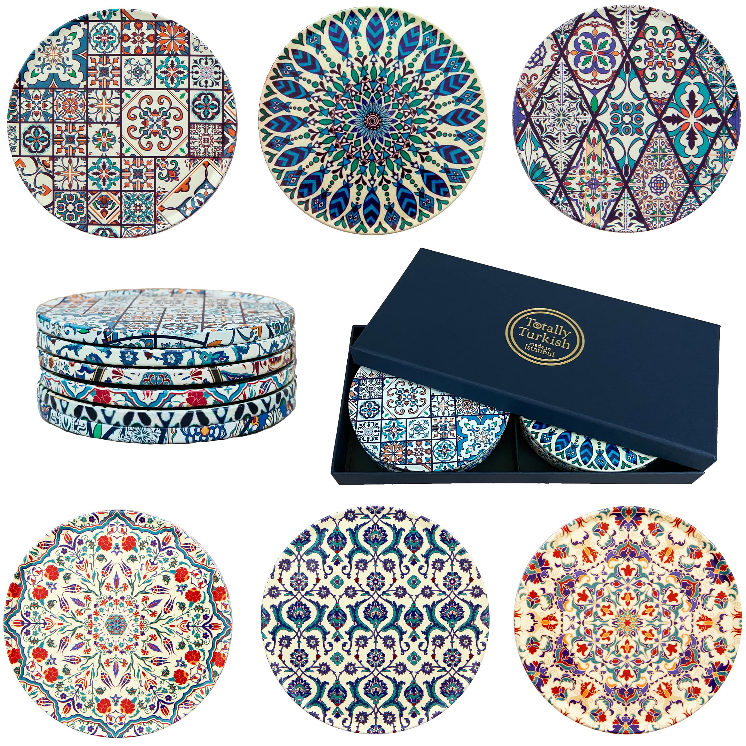 Totally Turkish – Patterned Drink Coasters Set of 6 – Giftable Design Drinks Mat Set – Non-Scratch Top & Non-Slip Cork Base (Cappadocia)