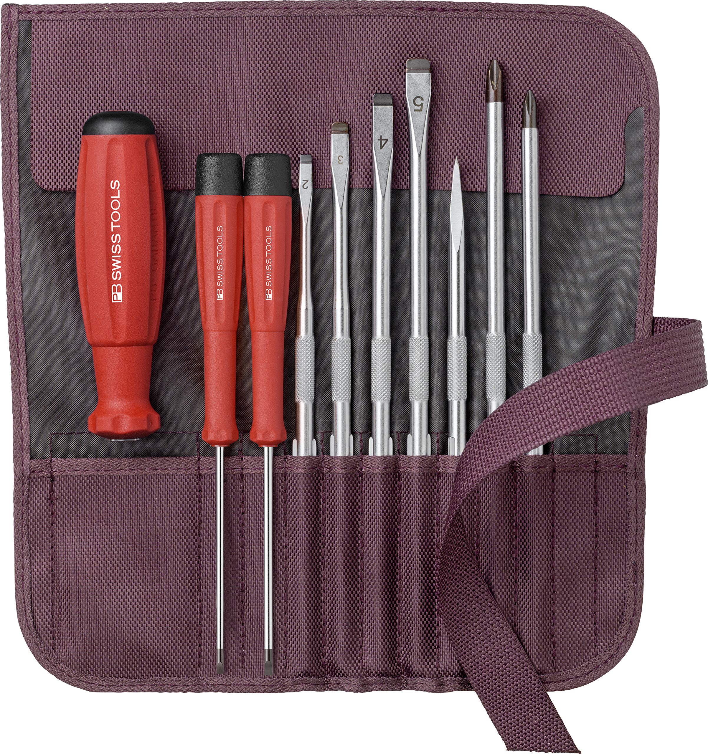PB Swiss Tools Screwdriver Set with Interchangeable Blades in a Compact Roll-Up Bag
