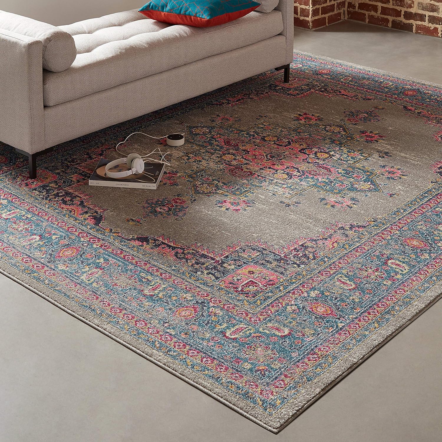 Rivet Old World Vintage Persian Area Rug, 8 x 10 Foot, Grey and Pink