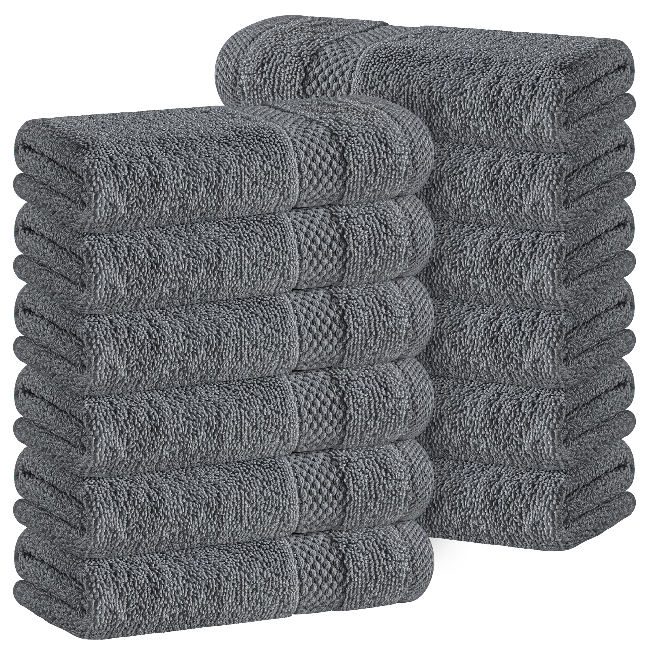 White Classic Luxury Cotton 12 Pc Flannel Set, Hotel Style Small Bath Towel and Face Cloth 33x33 cm, Dark Grey Soft Plush Flannels Pack of 12, Thick High Absorbent Wash Clothes, Face Towels