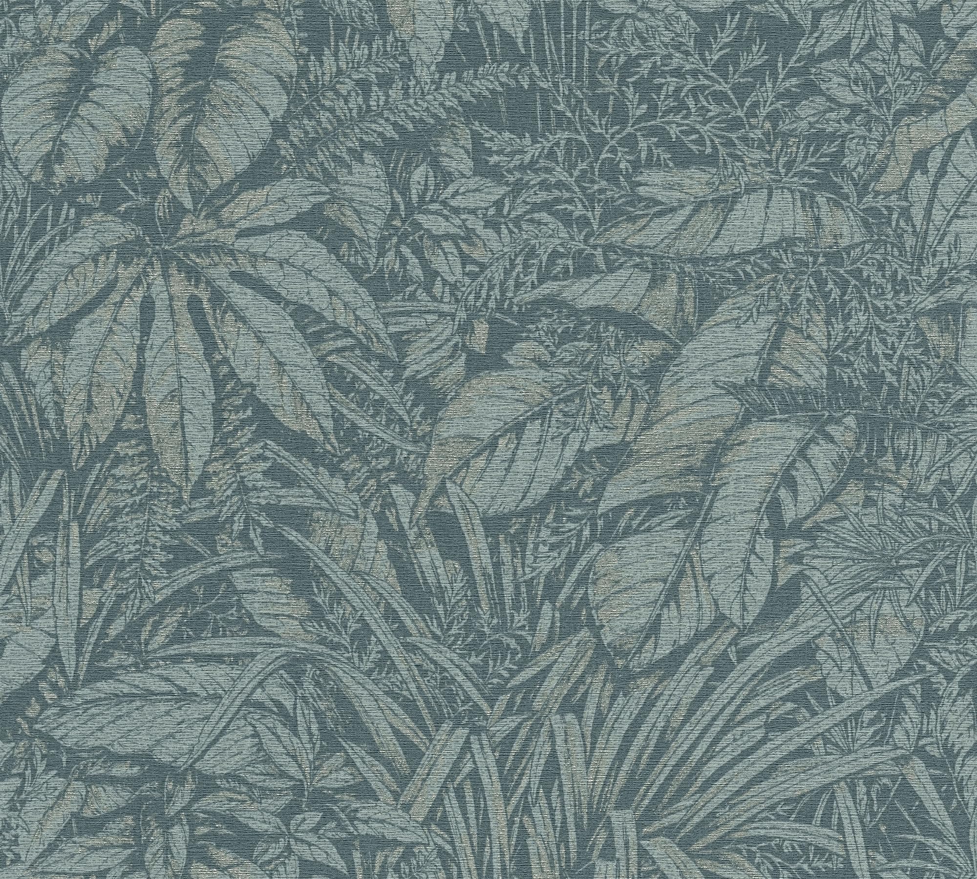 Livingwalls Smart Surfaces Non-Woven Wallpaper with Leaf Design in Blue, Petrol, Silver – 10,05 x 0,53 m Floral Wallpaper – 395603
