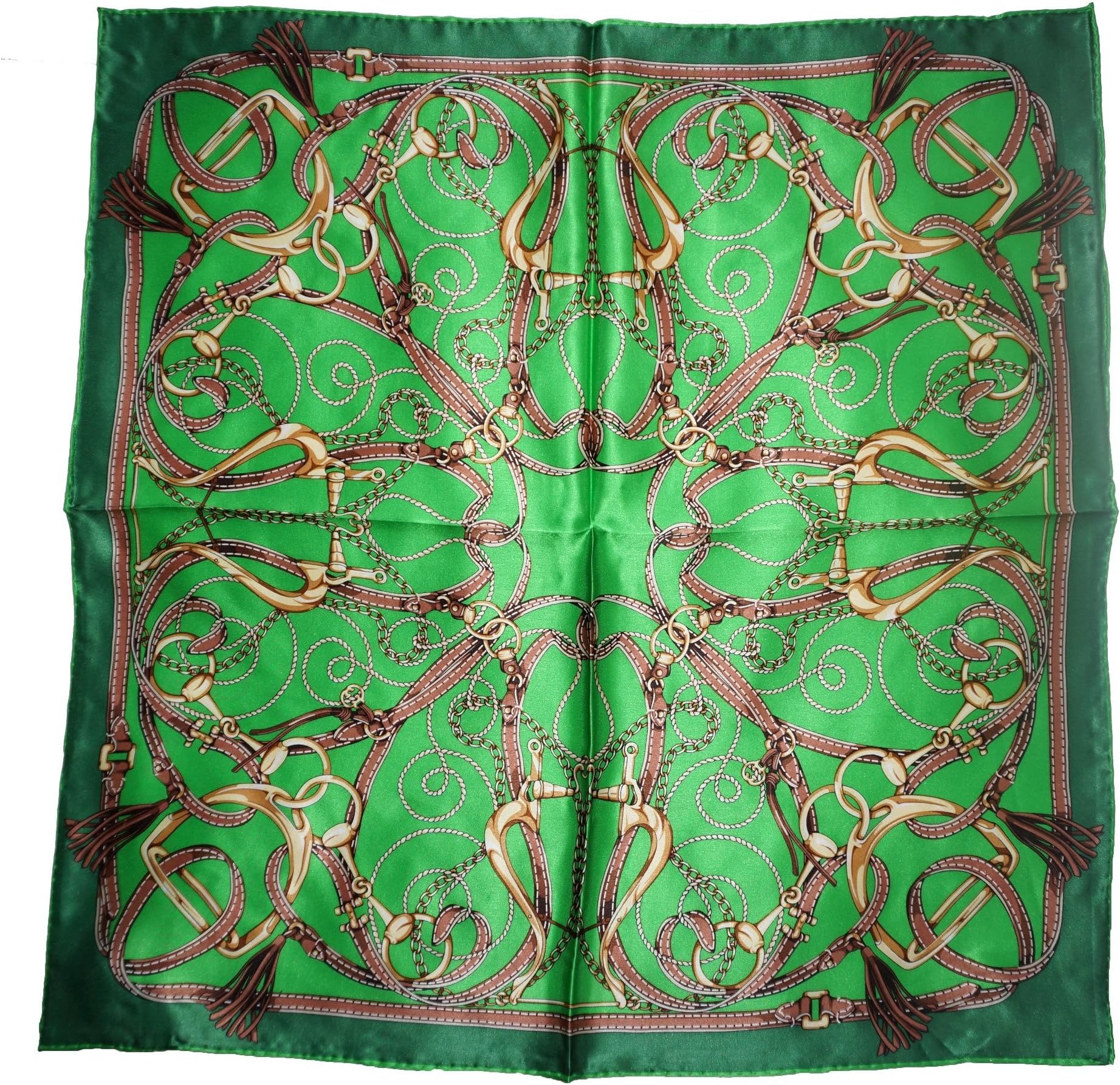 100% Silk Scarf Shawl, Small Square, 20 Inch X 20 Inch (Green Leather Bands)